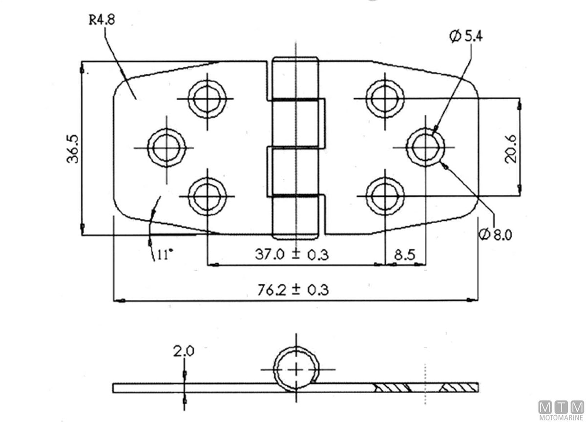 Covered biscuit deck hinge 36x76 mm, 316 stainless steel - original photo Motomarine Srl