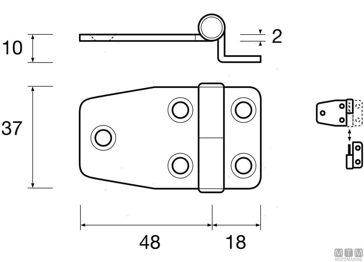 Right removable overhang hinge 37x66 mm H10 mm, 316 stainless steel - original photo Motomarine Srl