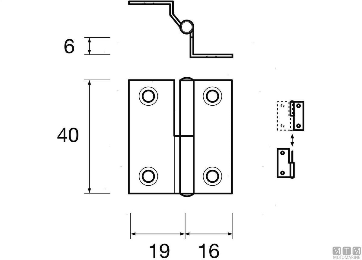 Right overhang hinge 40x35 mm H12 mm, 316 stainless steel - original photo Motomarine Srl