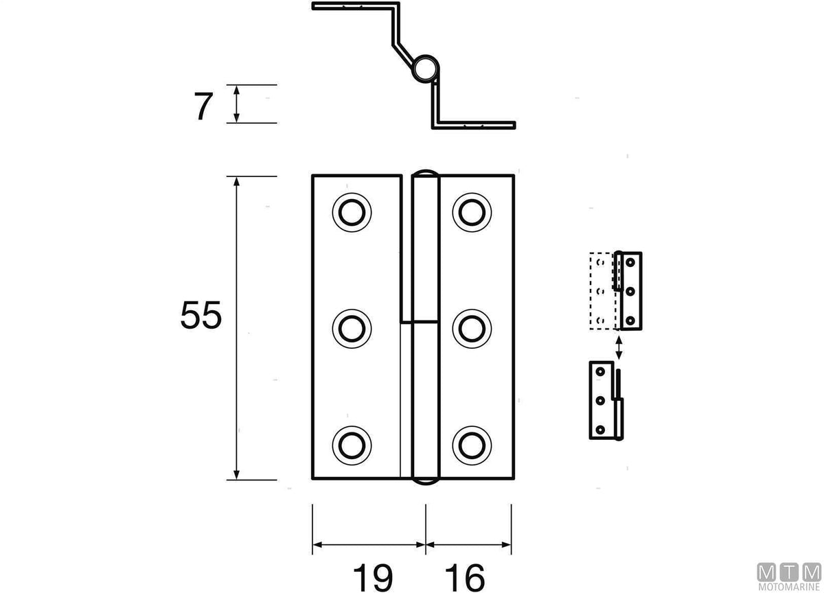 Left overhang hinge 55x35 mm H14 mm, 316 stainless steel - original photo Motomarine Srl