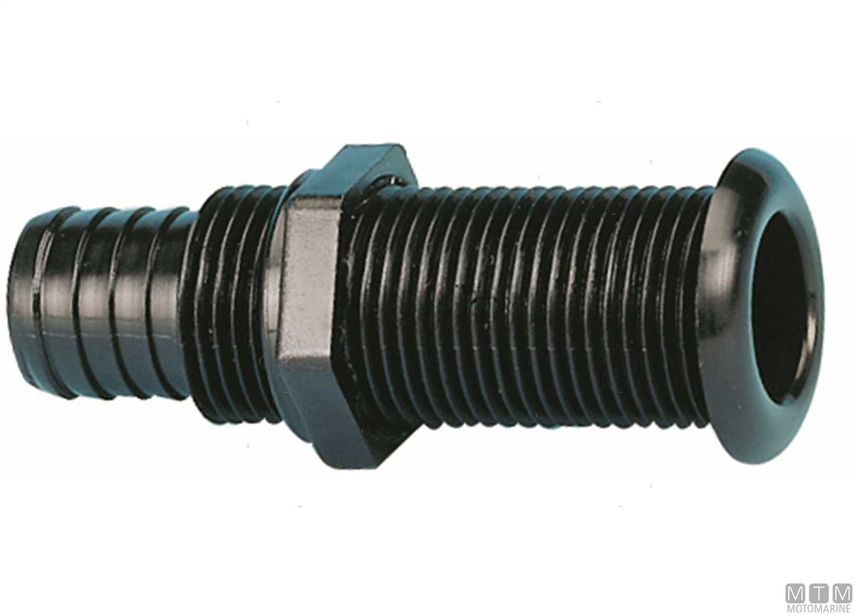 Black through-hull fitting with hose tail for Ø22.7 mm plugs - original photo Motomarine Srl