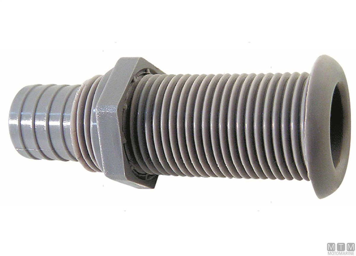 Black through-hull fitting with hose tail for Ø25 mm plugs - original photo Motomarine Srl