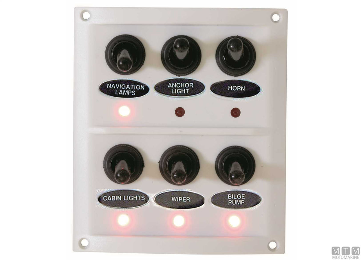 White panel with LED lever switches, 6 positions, 125x100 mm - original photo Motomarine Srl