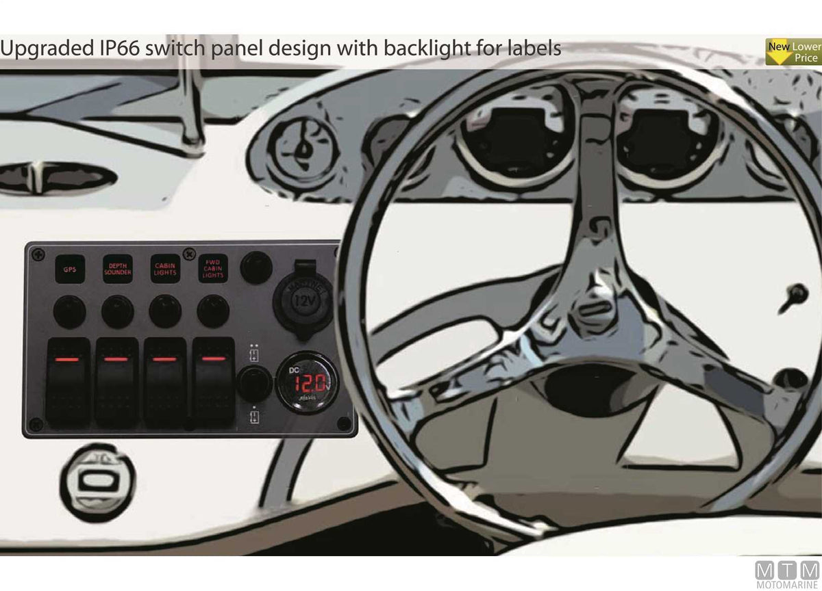 Black aluminium panel with rocker switches, 4+2 positions - original photo Motomarine Srl
