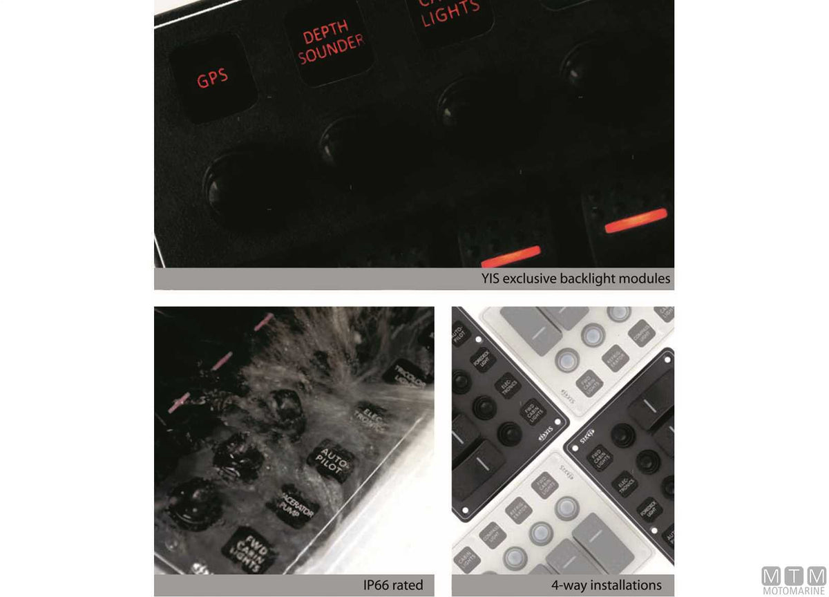 Black aluminium panel with rocker switches, 4+2 positions - original photo Motomarine Srl