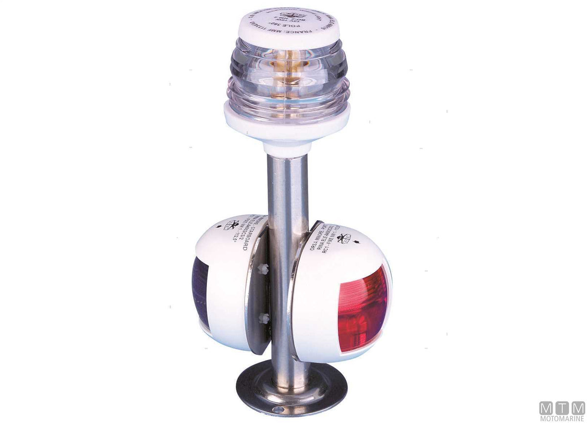 Tricolor navigation light on white pole H30 cm - original photo Motomarine Srl