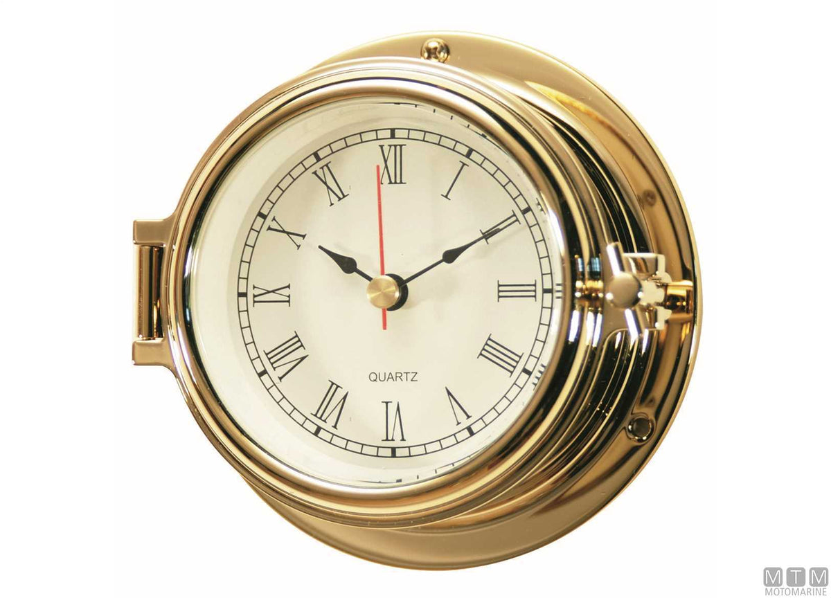 Classic silent radio-controlled clock Ø120 mm, polished brass case - original photo Motomarine Srl