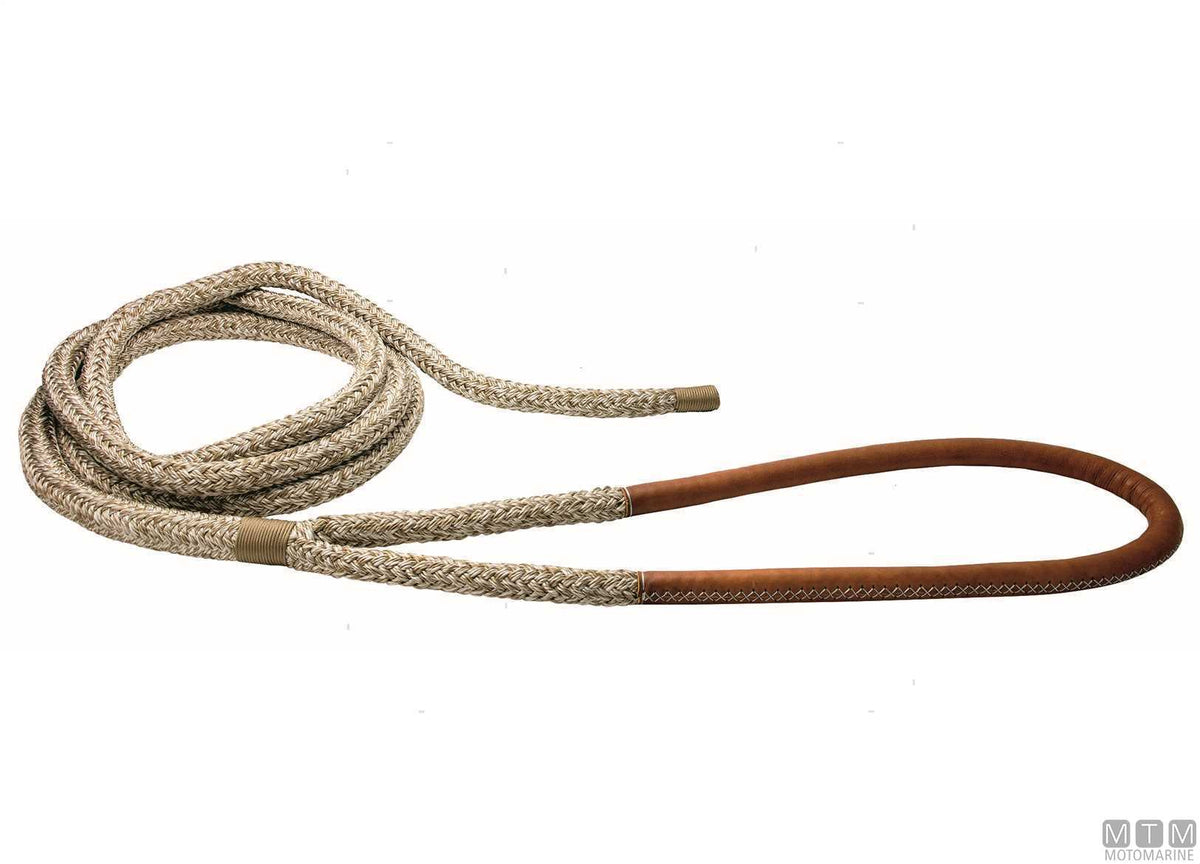 Beige braided mooring line with brown leather-covered eye, 75 cm, Ø28 mm, 20 m - original photo Motomarine Srl