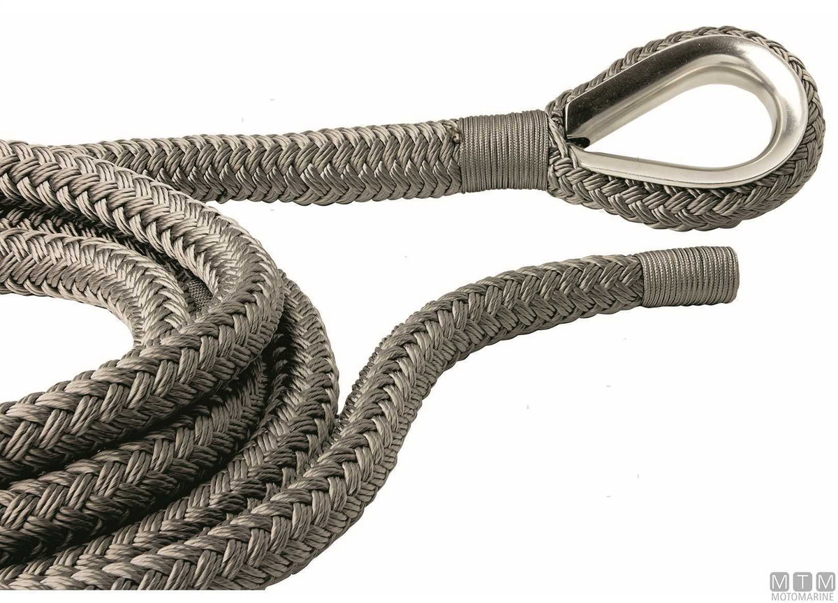 Grey braided mooring line with stainless steel thimble Ø28 mm 16 m - original photo Motomarine Srl
