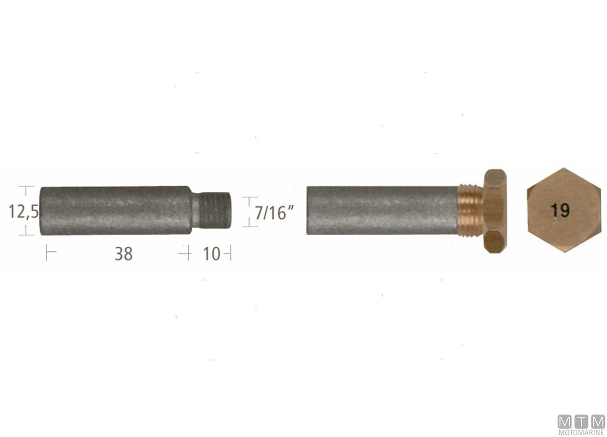Caterpillar bar anode with plug Ø12x38 mm, zinc - original photo Motomarine Srl
