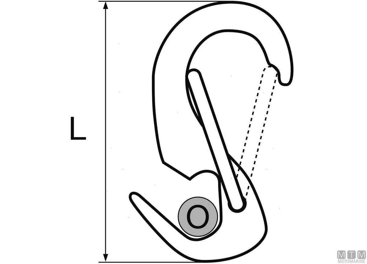 Open jib snap hook L65 mm, 316 stainless steel, M-Card - original photo Motomarine Srl
