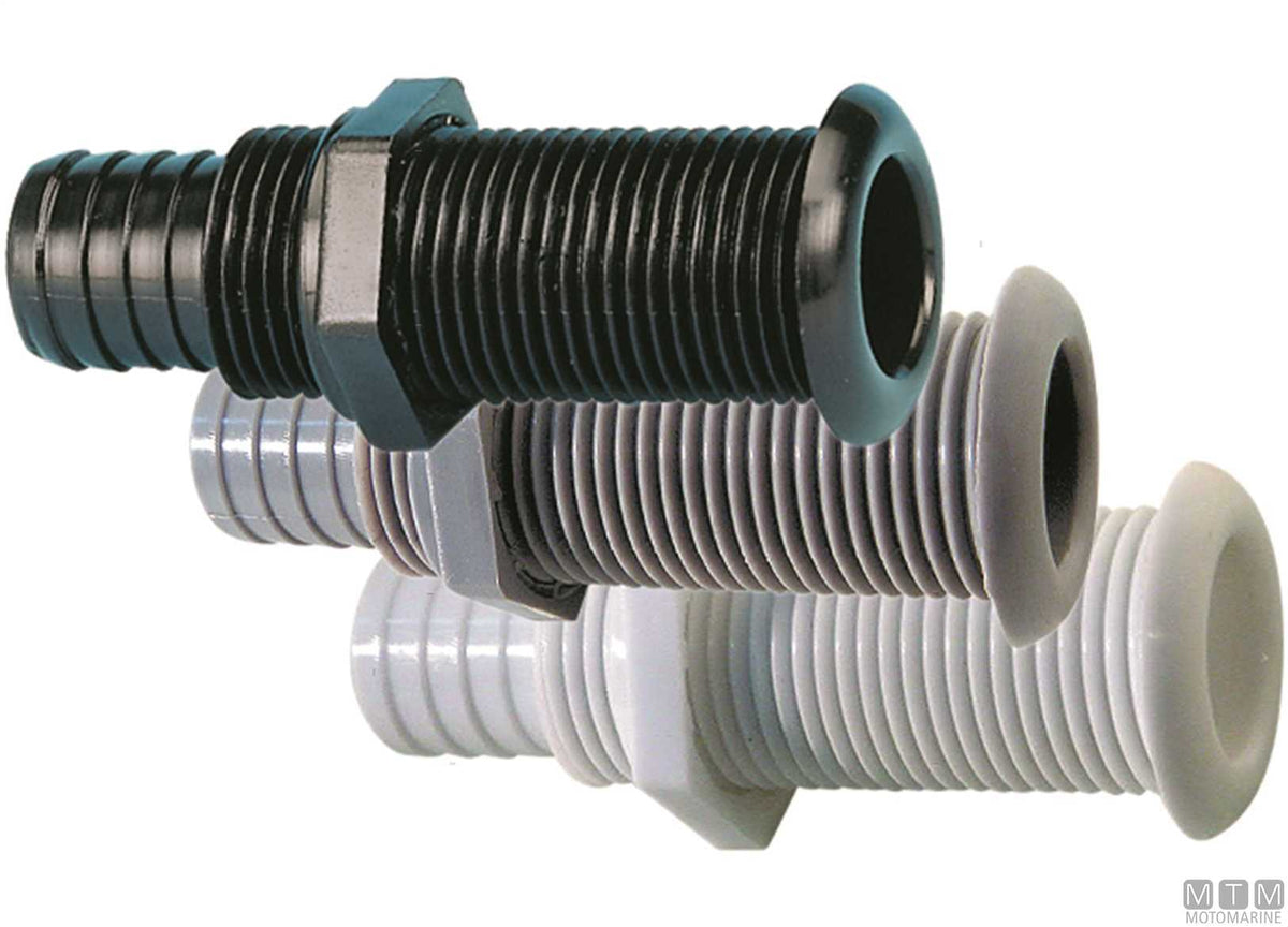 Grey through-hull fitting with hose tail for Ø22.7 mm plugs - original photo Motomarine Srl
