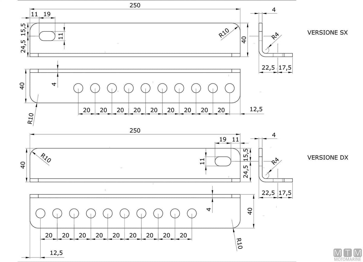 Adjustable galvanized steel brackets for center rollers 250xH40 mm - original photo Motomarine Srl