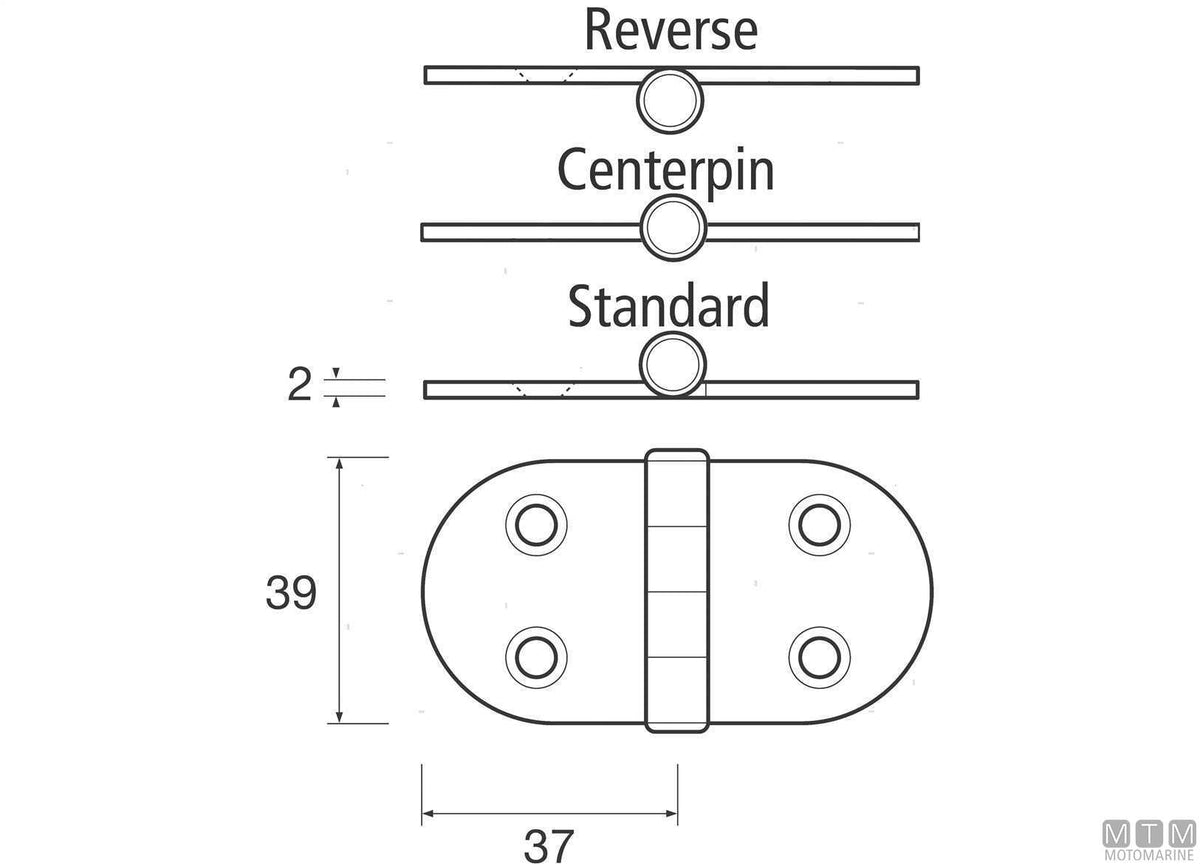 Oval wing hinge, upper pin, 39x74 mm, in stainless steel 316 - original photo Motomarine Srl