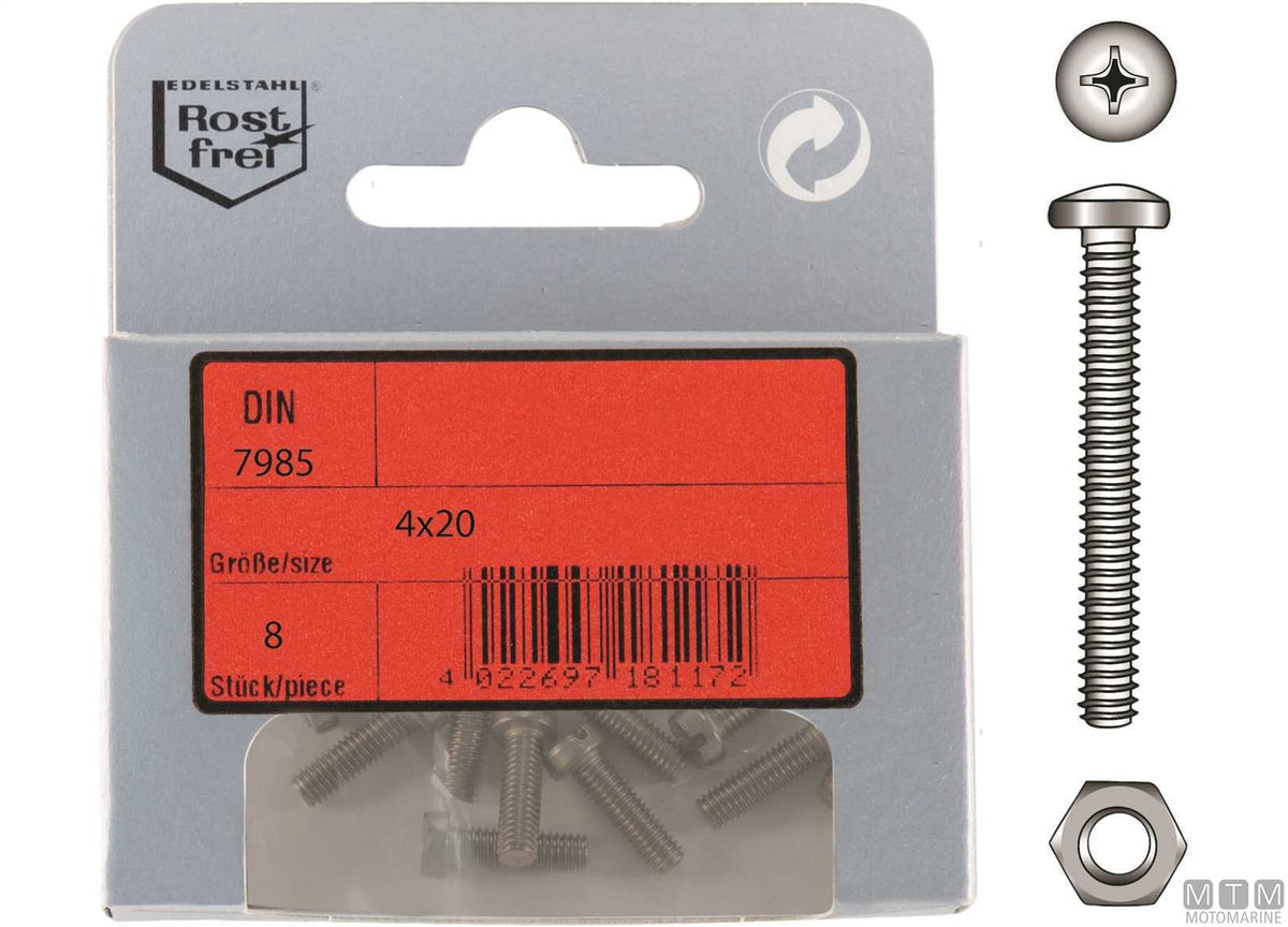 DIN7985 pan head screws + A4 stainless nuts M4x16, 8 pcs - original photo Motomarine Srl