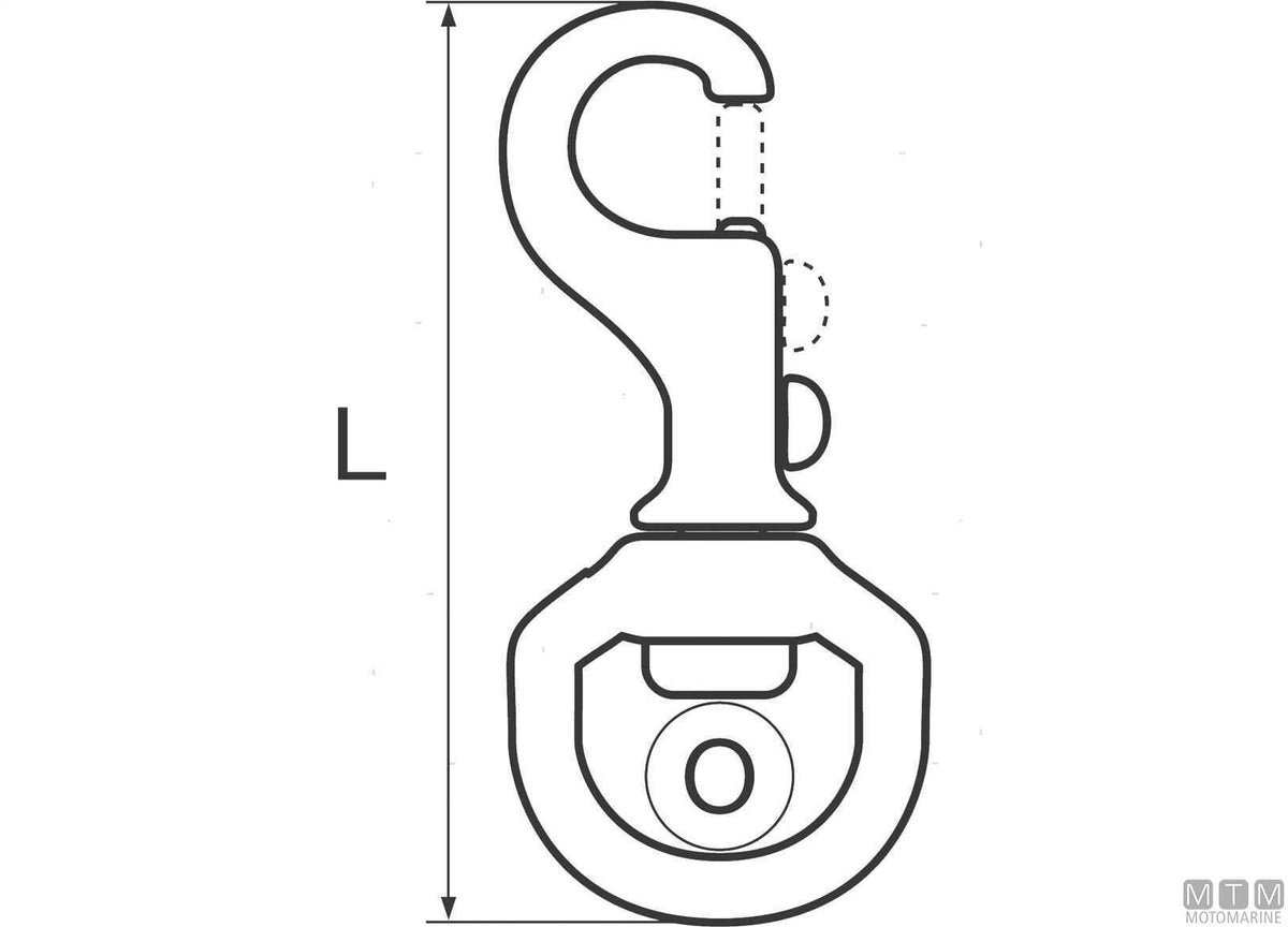 Piston snap hook Ø10 mm with swivel eye stainless steel 316 - original photo Motomarine Srl