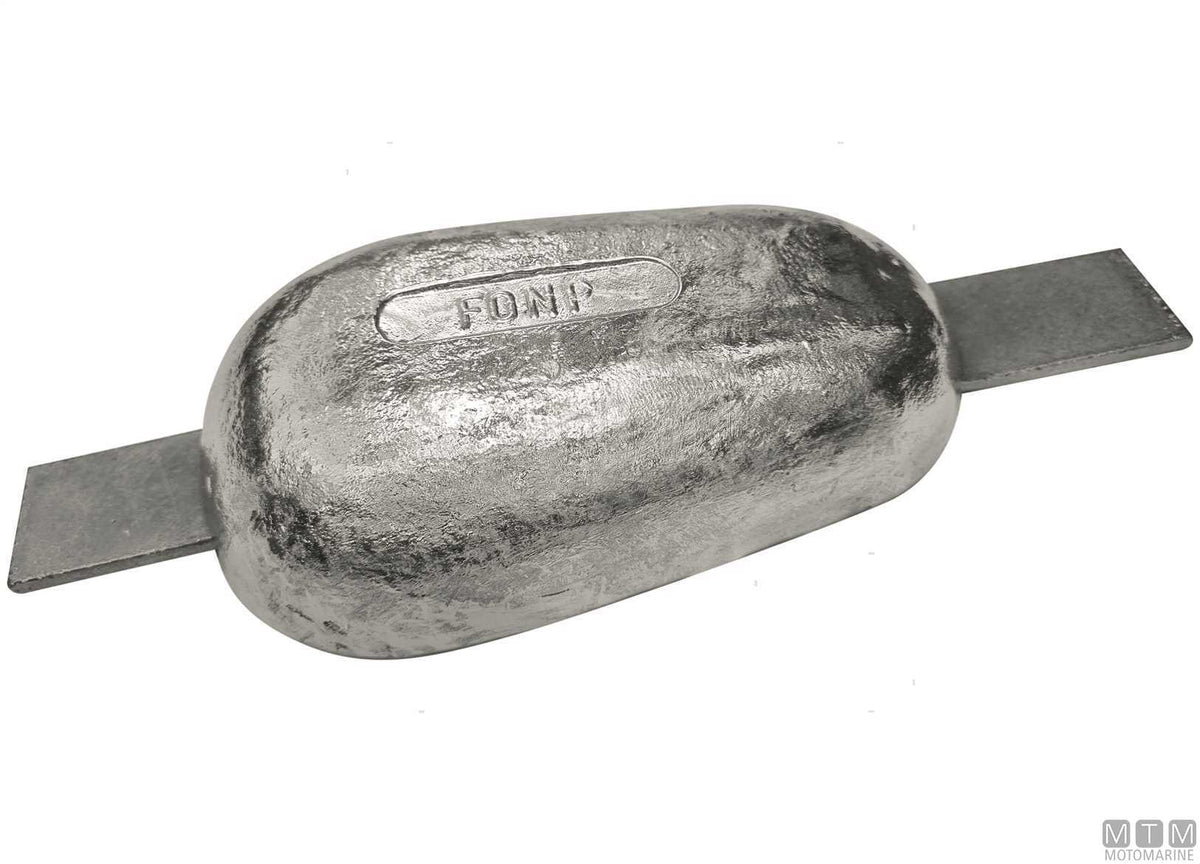 Drop-shaped plate anode with weld-on insert L135 mm 2.2 kg zinc - original photo Motomarine Srl