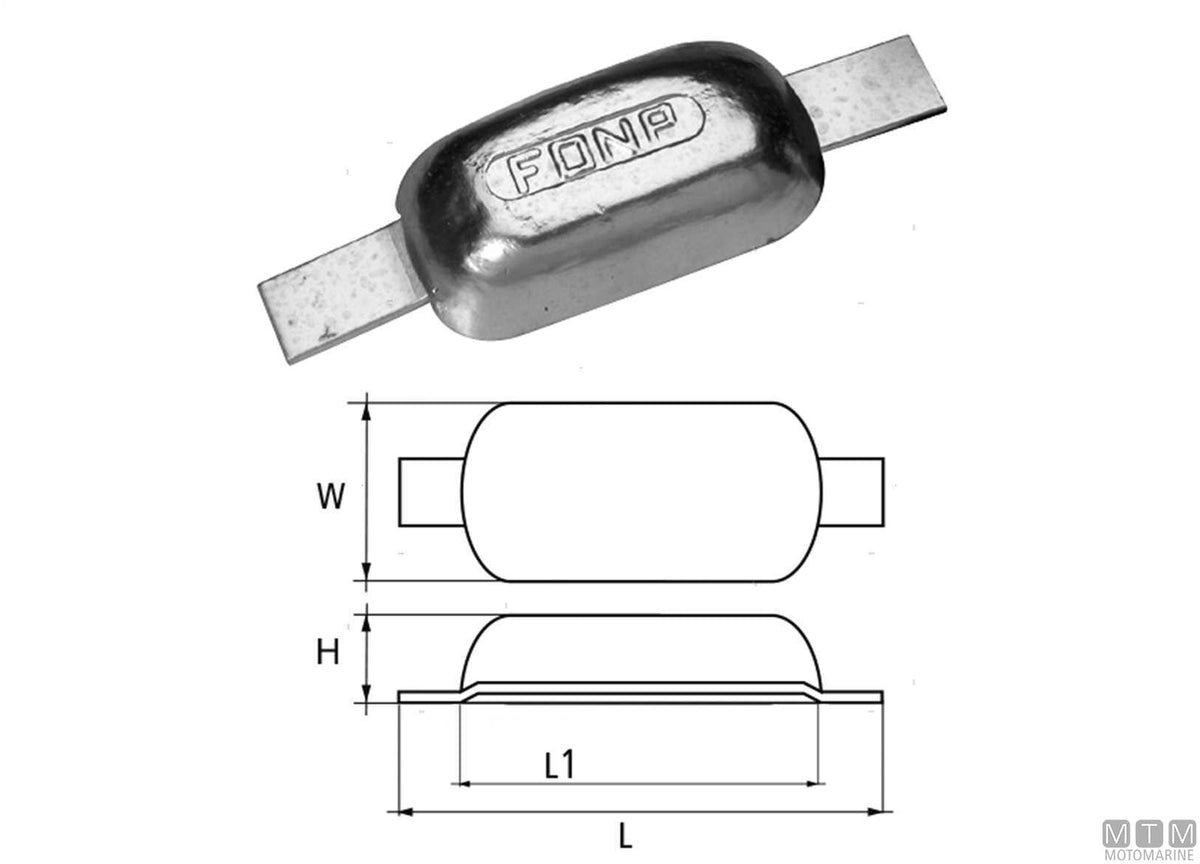 Oval plate anode with weld-on insert L200 mm 4 kg zinc - original photo Motomarine Srl