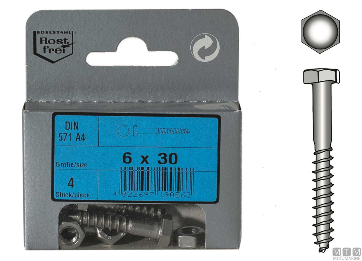 DIN571 A4 stainless steel hex head wood screws 6x30, 4 pcs - original photo Motomarine Srl