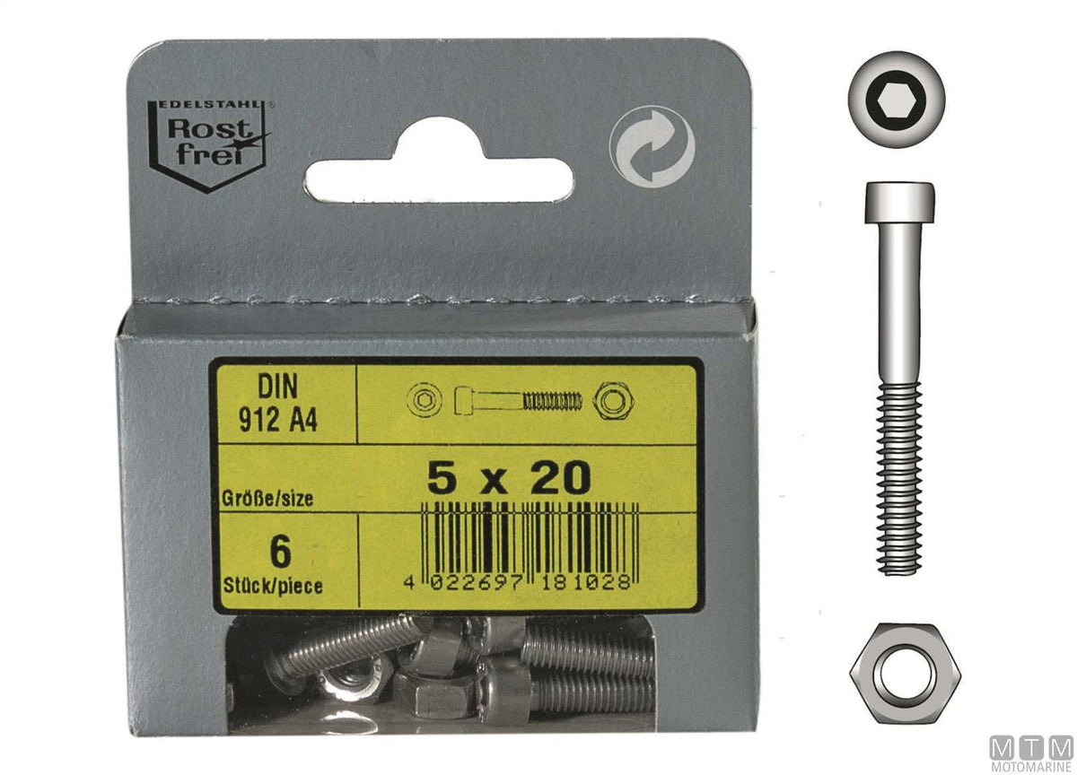 DIN912 hex socket screws + A4 stainless nuts M6x20, 4 pcs - original photo Motomarine Srl