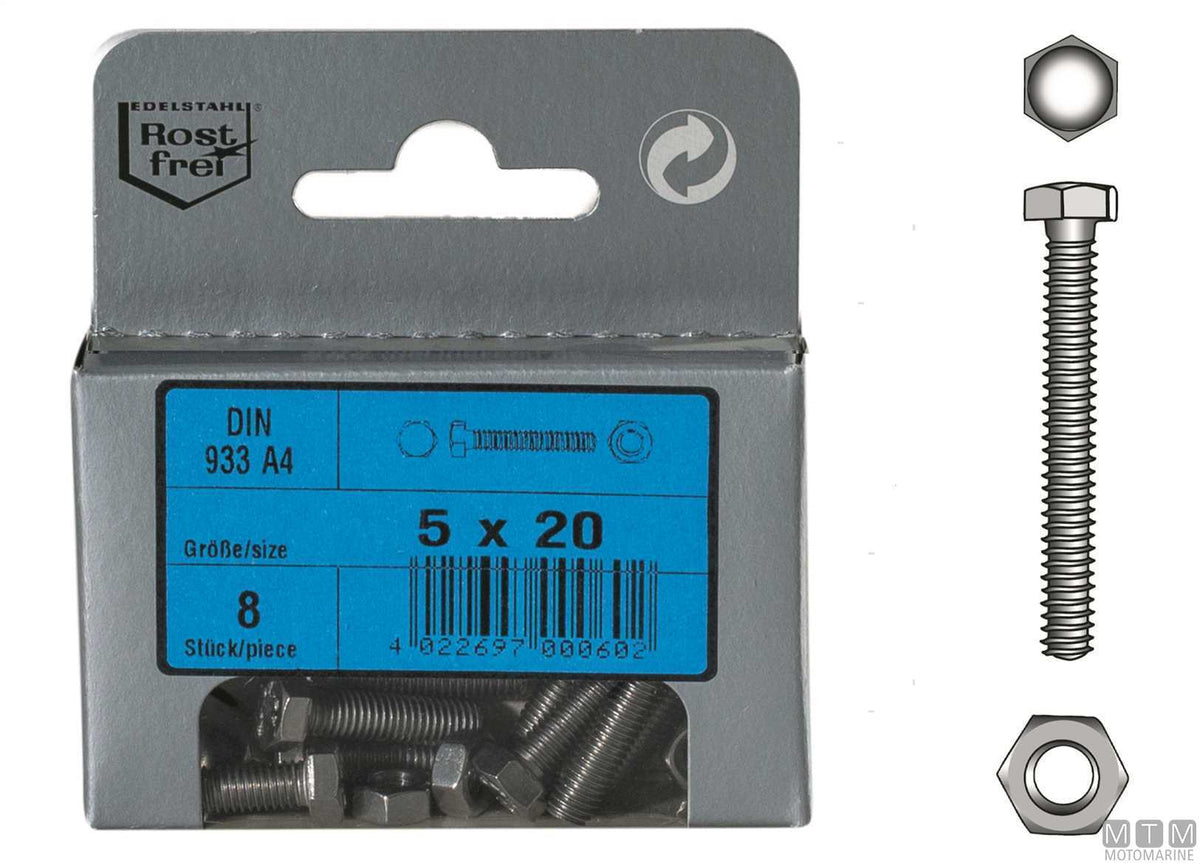 DIN933 hex head screws + A4 stainless nuts M6x60, 4 pcs - original photo Motomarine Srl
