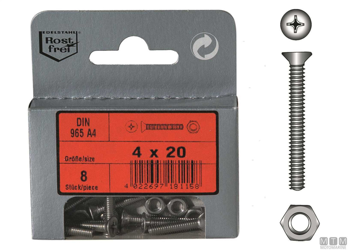 Countersunk flat head screws DIN965 + A4 stainless nuts M5x25 6 pcs - original photo Motomarine Srl
