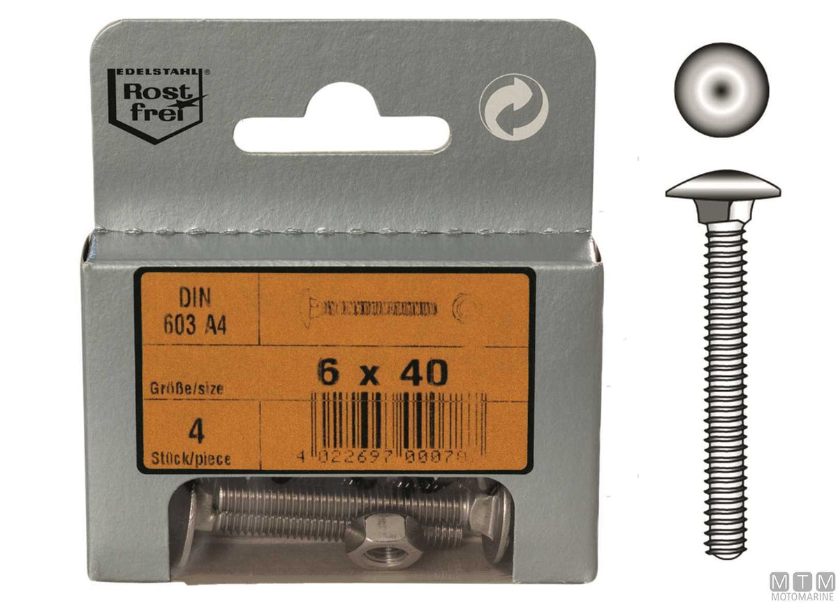 Wood carriage bolts mushroom head DIN 603 + A4 stainless steel nuts, M6x50, 4 pcs - original photo Motomarine Srl