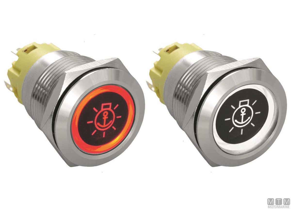 Stainless steel push-button switch (ON)-OFF with label 5 A 5 terminals - original photo Motomarine Srl