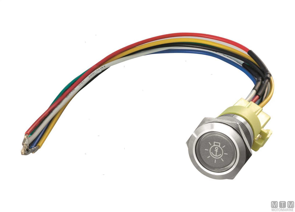 Stainless steel push-button switch (ON)-OFF with label 5 A 5 terminals - original photo Motomarine Srl