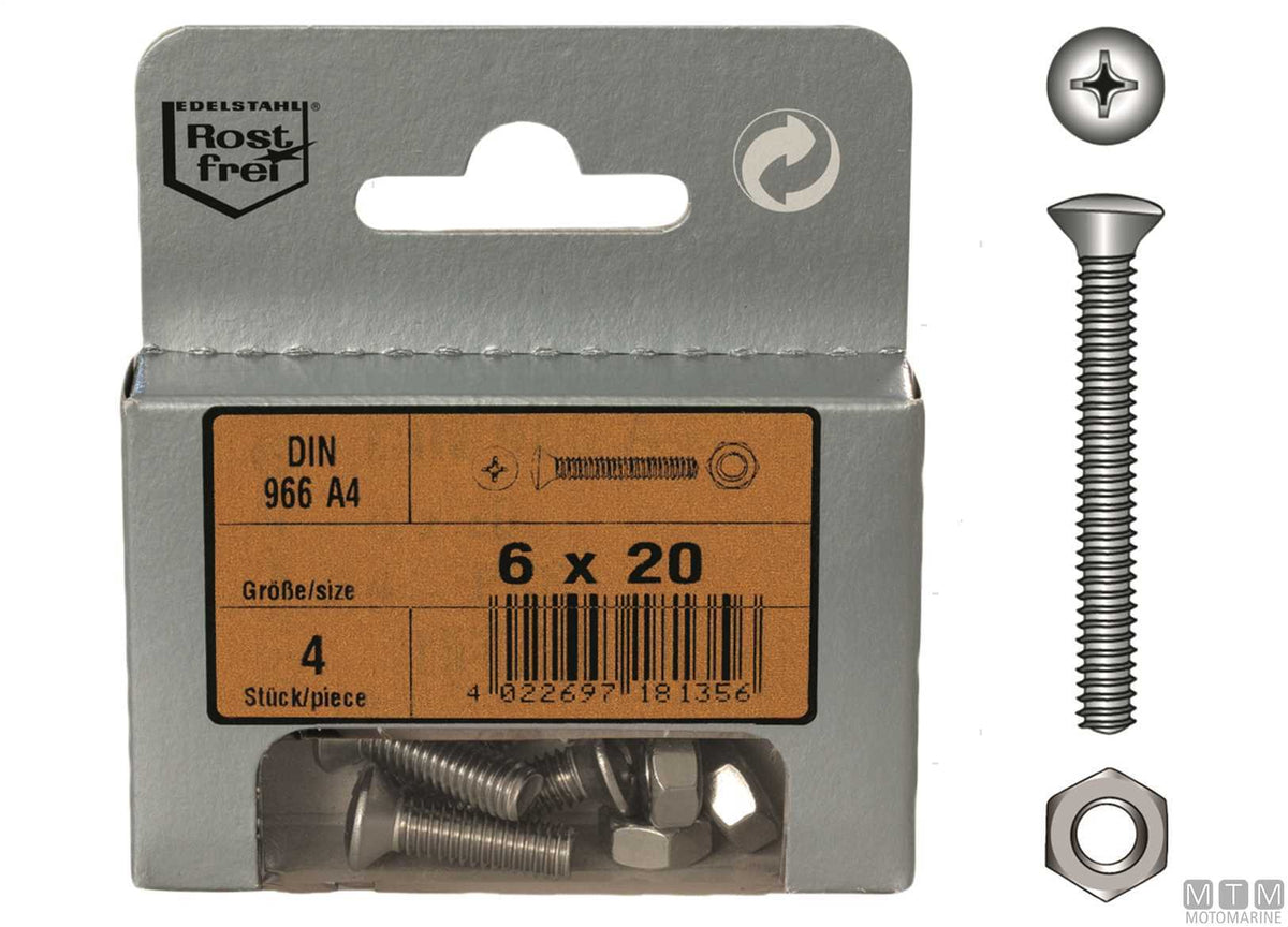 Raised countersunk head screws DIN 966 + A4 stainless steel nuts, M4x20, 6 pcs - original photo Motomarine Srl
