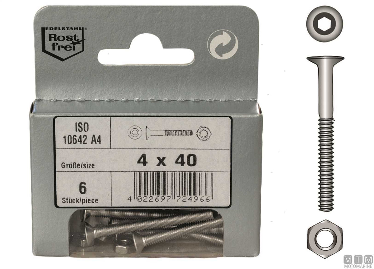 ISO 10642 countersunk hex socket screws + A4 stainless nuts M6x50, 4 pcs - original photo Motomarine Srl