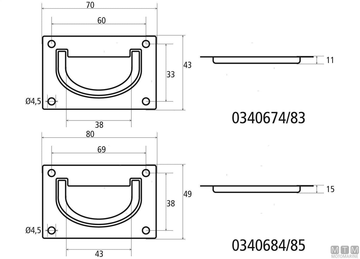 Recessed handle 80x49 mm in polished brass - original photo Motomarine Srl
