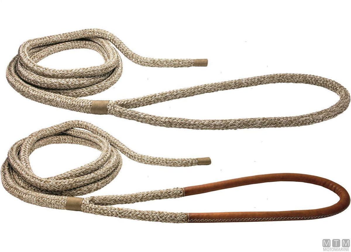 Beige braided mooring line with brown leather-covered eye, 75 cm, Ø28 mm, 20 m - original photo Motomarine Srl