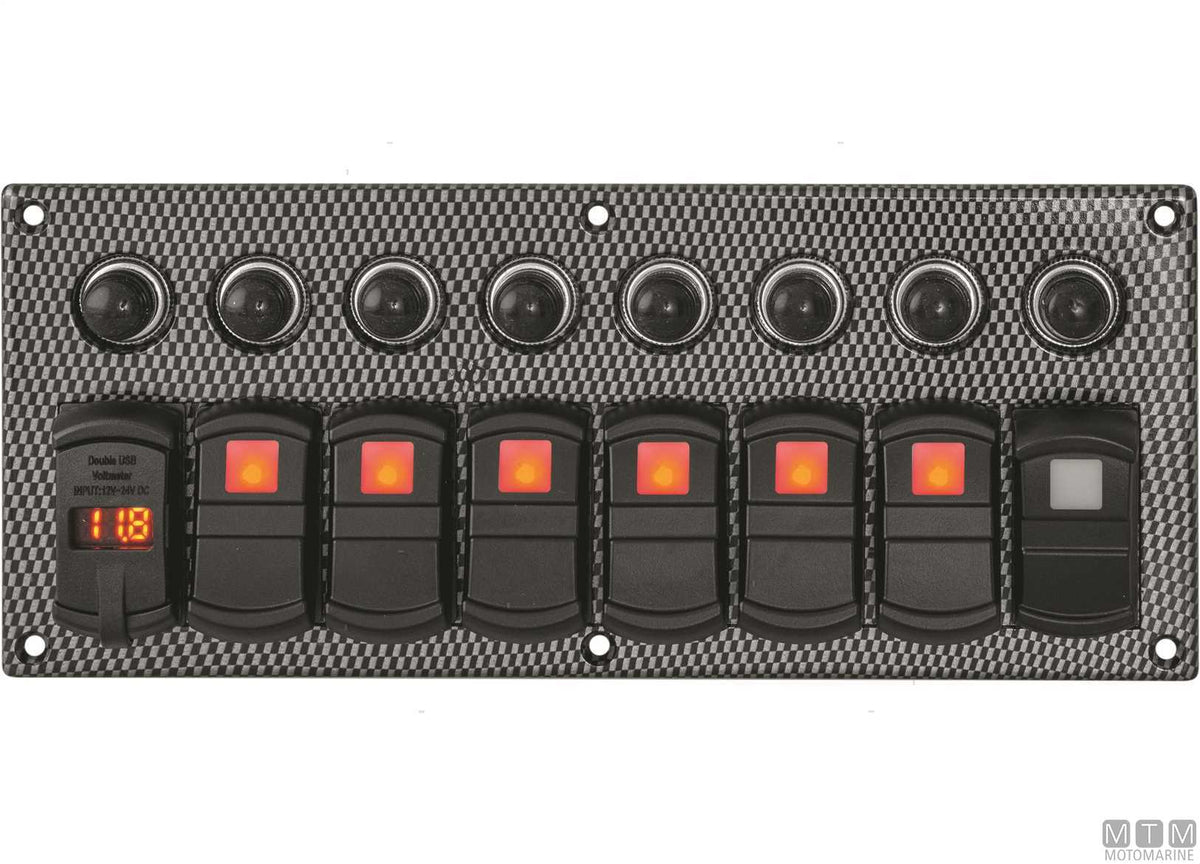 Carbon-effect panel with 5-position rocker switches + USB/voltmeter - original photo Motomarine Srl