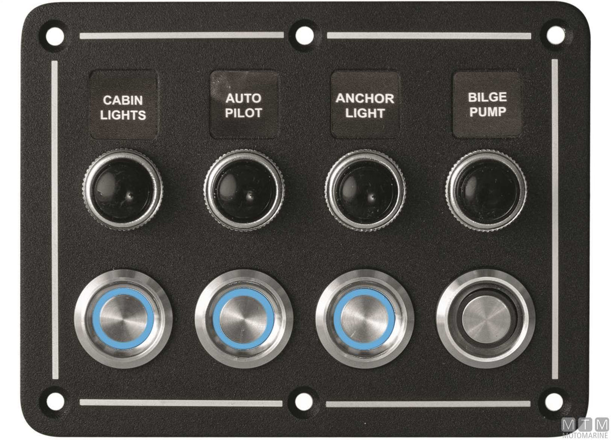 Aluminium panel with stainless steel push-buttons, 4 positions, 125x95 mm - original photo Motomarine Srl