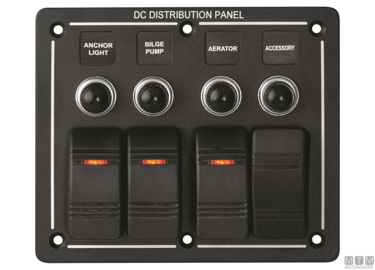 Black aluminium panel with 5+1-position rocker switches - original photo Motomarine Srl