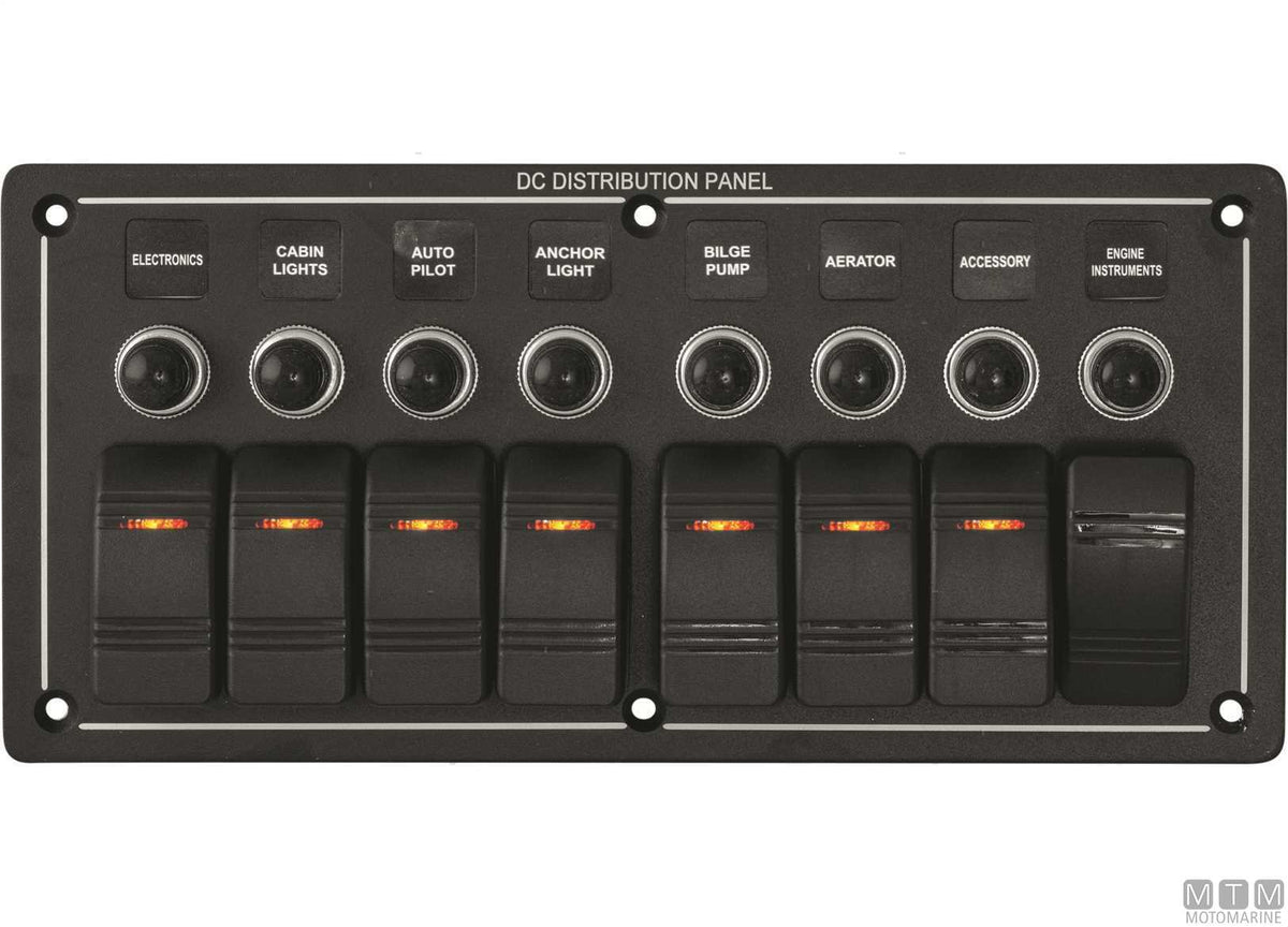 Black aluminium panel with 5+1-position rocker switches - original photo Motomarine Srl