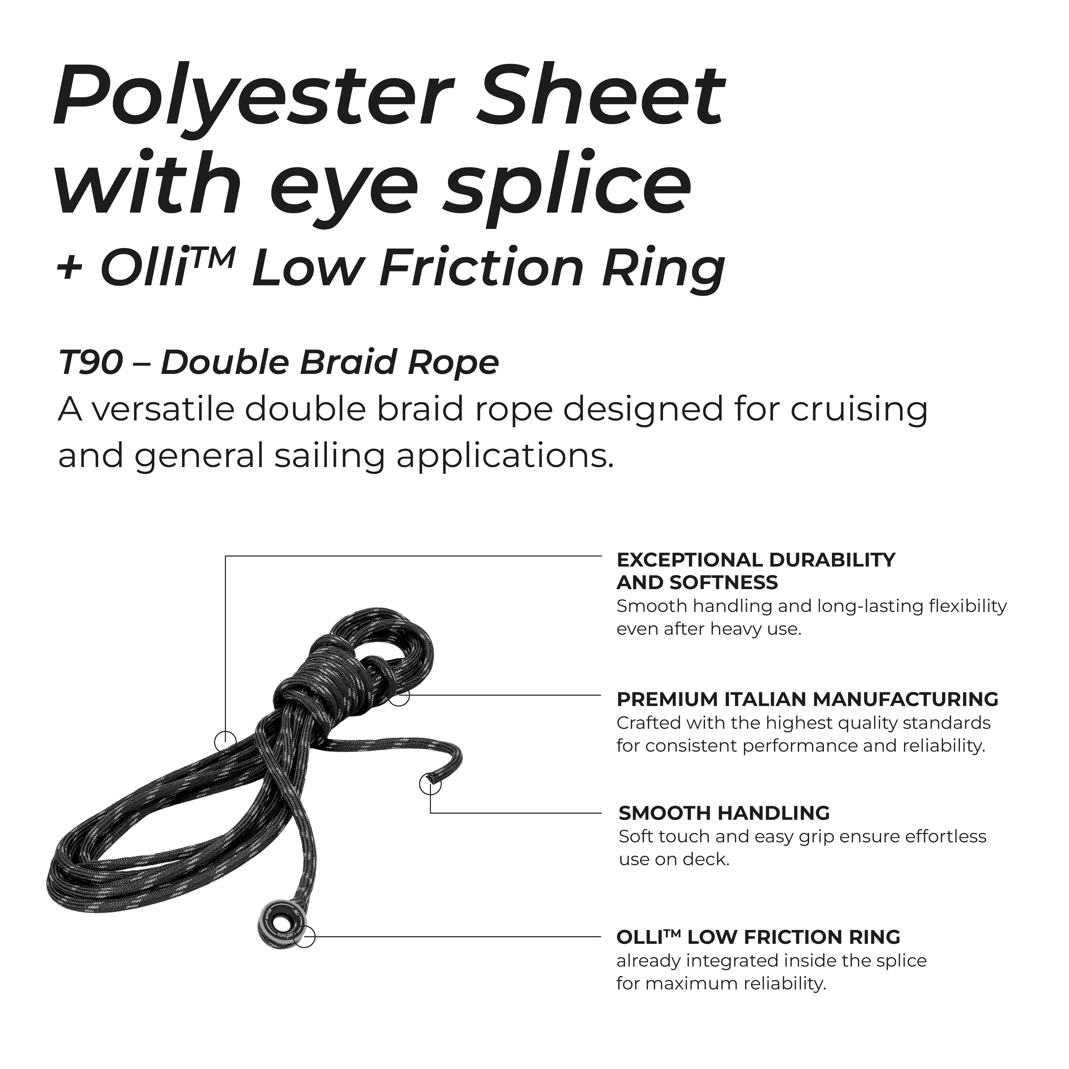Polyester Sheet with Eye Splice + Olli™ - Anti Shock low friction ring aluminium M already Integrated into the Eye Splice