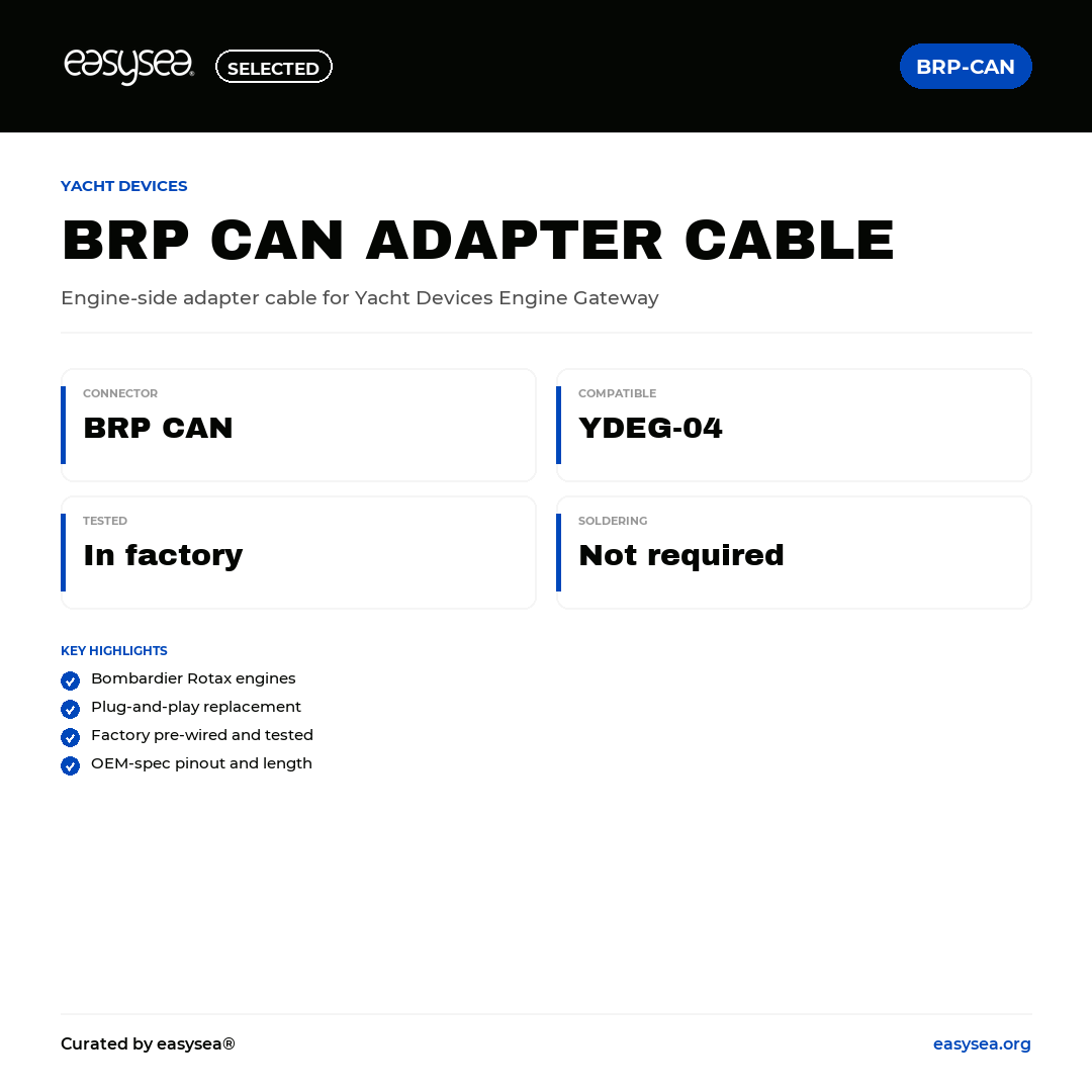 easysea Selected — Yacht Devices Cavo Adattatore BRP CAN (Bombardier Rotax) — Spec card