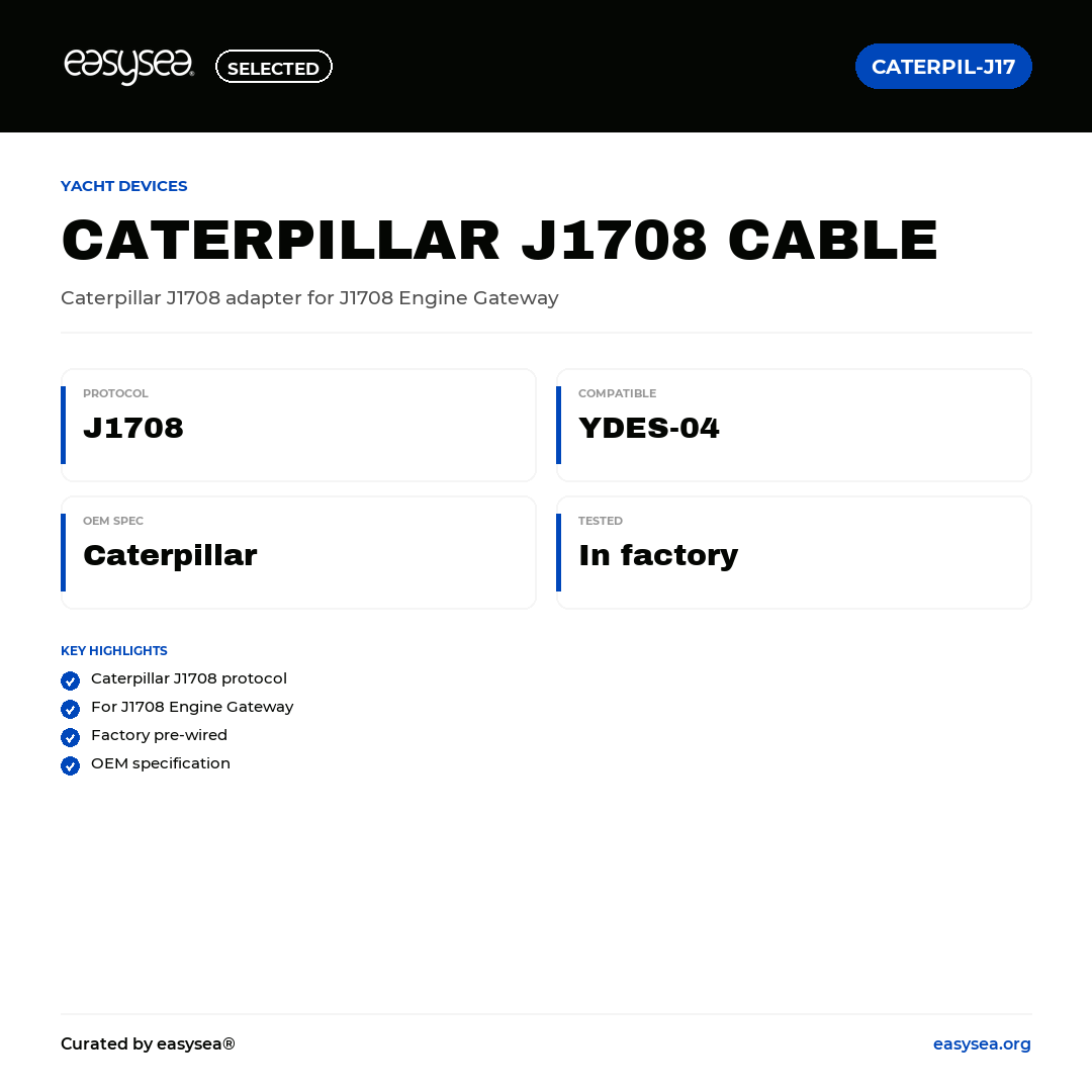 easysea Selected — Yacht Devices Cavo Adattatore Caterpillar J1708 — Spec card