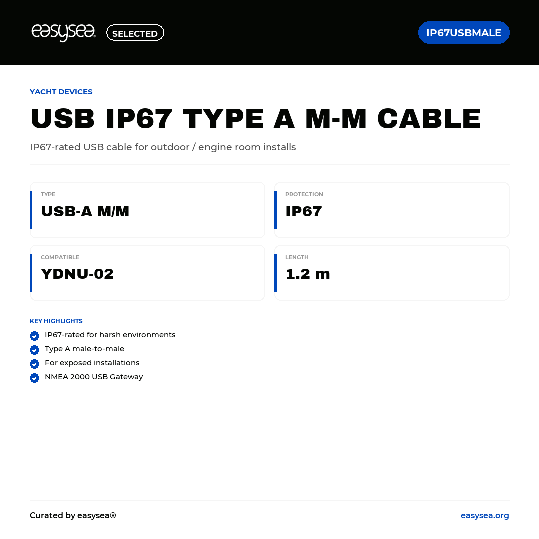 easysea Selected — Yacht Devices Cavo USB IP67 Type A Maschio-Maschio (1,2 m) — Spec card