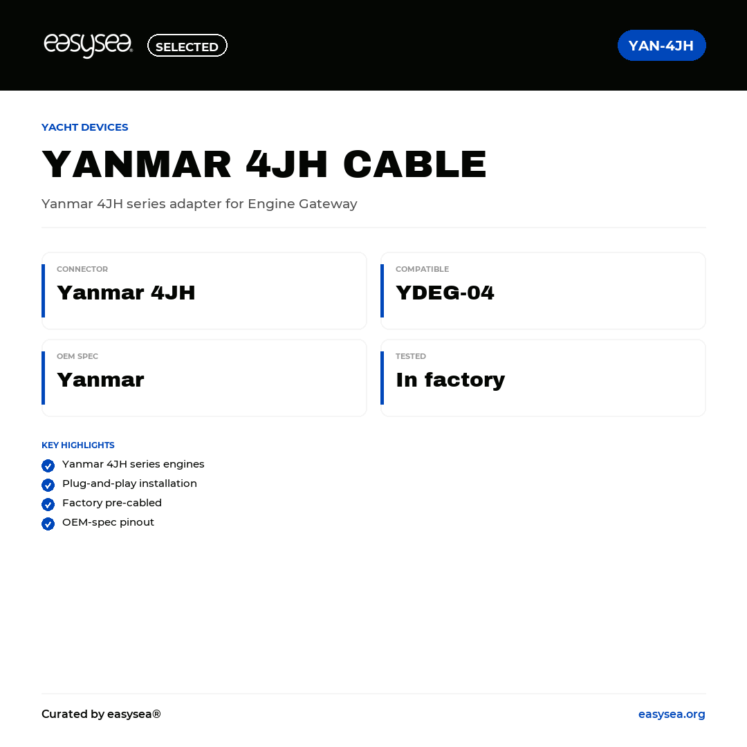easysea Selected — Yacht Devices Cavo Adattatore Yanmar 4JH — Spec card