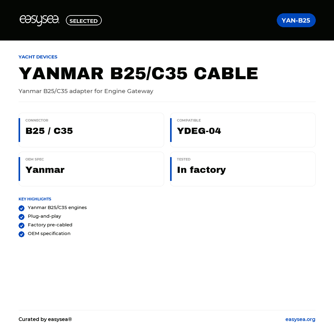 easysea Selected — Yacht Devices Cavo Adattatore Yanmar B25/C35 — Spec card