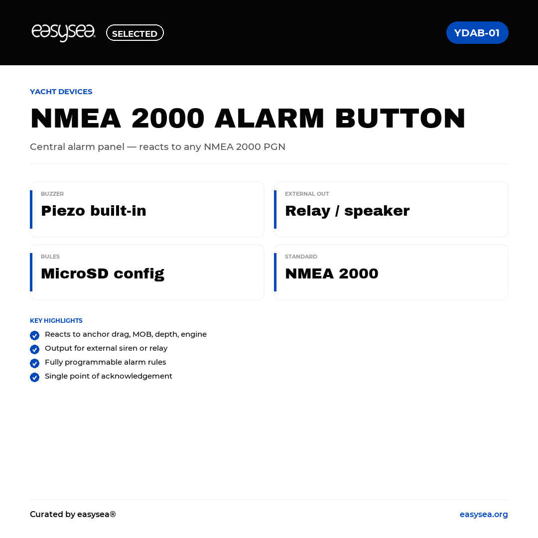 easysea Selected — Yacht Devices NMEA 2000 Alarm Button YDAB-01 — Spec card