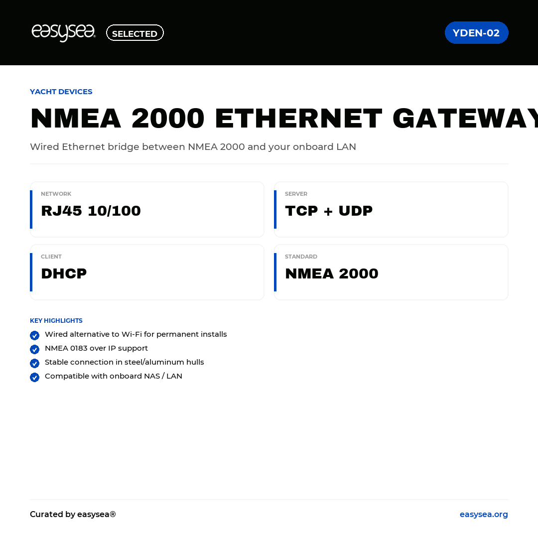 easysea Selected — Yacht Devices NMEA 2000 Ethernet Gateway YDEN-02 — Spec card