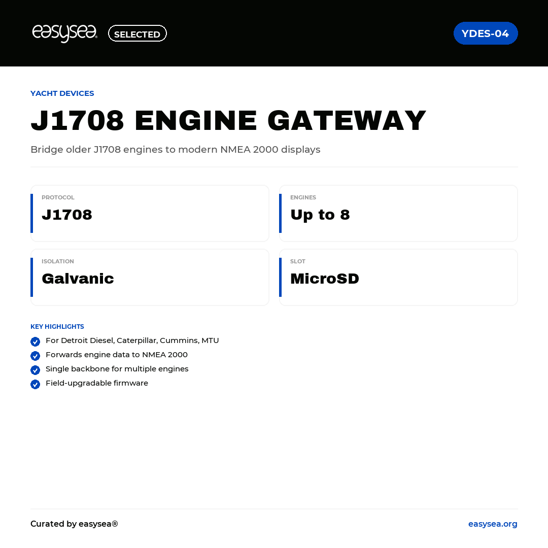 easysea Selected — Yacht Devices J1708 Engine Gateway YDES-04 — Spec card