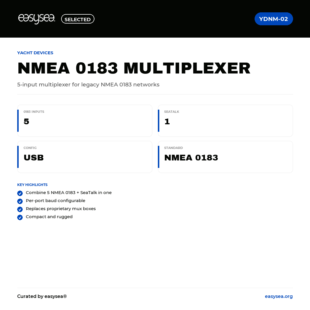 easysea Selected — Yacht Devices NMEA 0183 Multiplexer YDNM-02 — Spec card