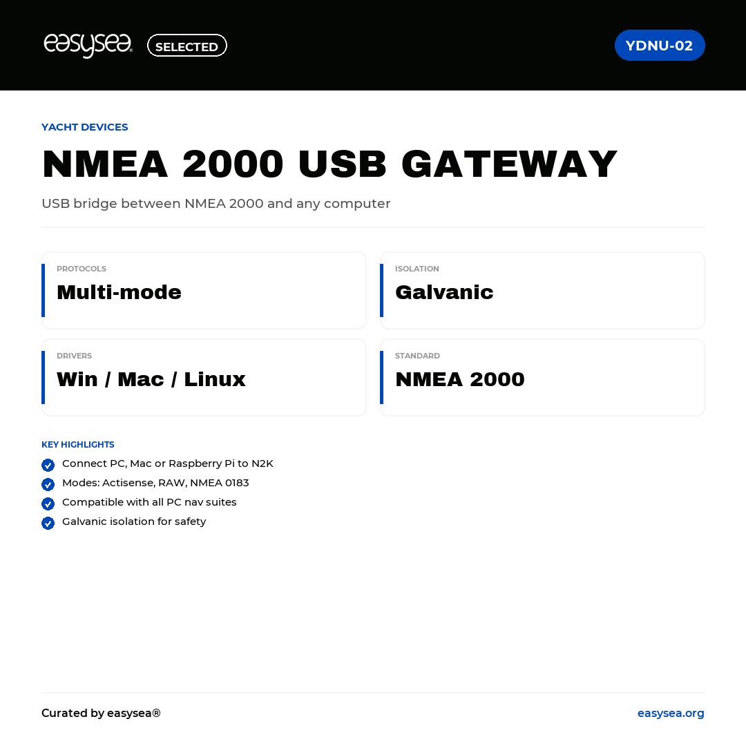 easysea Selected — Yacht Devices NMEA 2000 USB Gateway YDNU-02 — Spec card