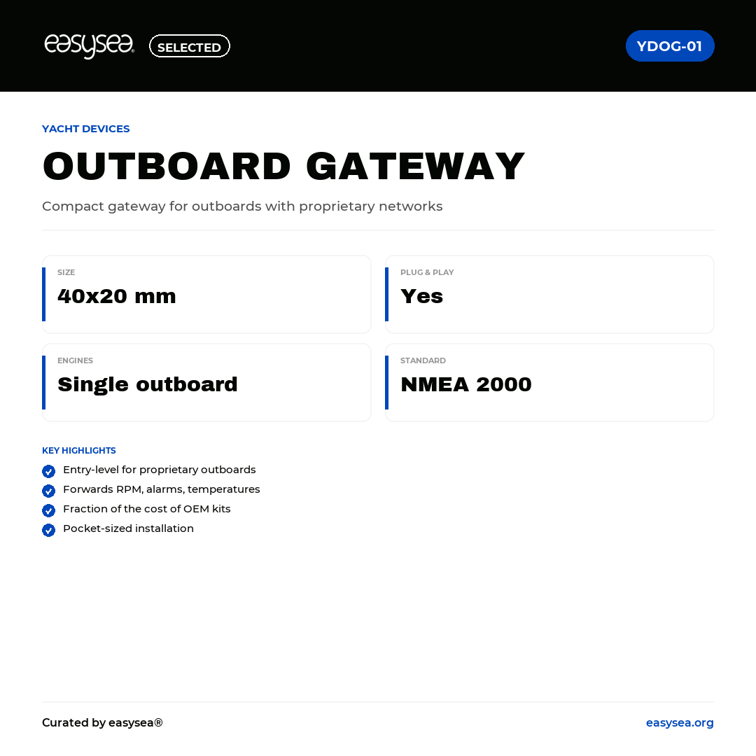 easysea Selected — Yacht Devices Outboard Gateway YDOG-01 — Spec card