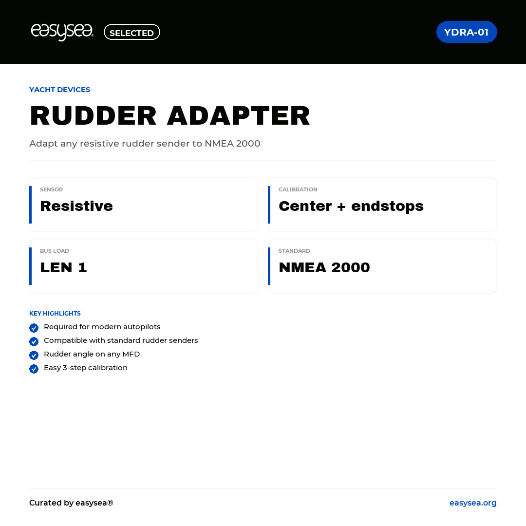easysea Selected — Yacht Devices Rudder Adapter YDRA-01 — Spec card